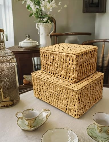 RoyalHouse Woven Stackable Storage Baskets with Lid, Decorative Rope Organizer Bin - Set of 4 (4 Sizes), Beige (No Liner)