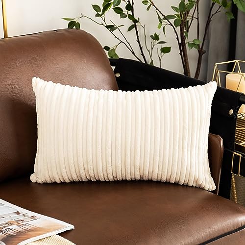 UGASA Velvet 12x20 Inch Lumbar Throw Pillow Cover, Both Sides Corduroy Striped, Soft Solid Decorative Rectangular Cushion Case for Couch/Bedroom/Car, 1 Piece, Cream - color: Cream, size: 20" x 12" (Pack of 1)