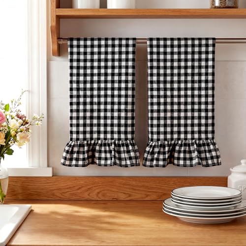 HunnmingRe Matte Black Kitchen Towels Set of 2, 100% Cotton Ruffled Gingham Dish Towels 18"x28" Tea Cloths Classic Plaid Pattern for Farmhouse Charm, Drying Dishes, Entertaining Guests - color: Matte Black, style: Gingham