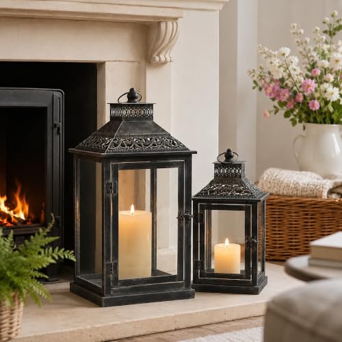 JHY DESIGN Set of 2 Antique Grey Brush Decorative Lanterns Metal Candle Lanterns for Indoor Outdoor Events Paritie and Weddings Vintage Style Hanging Lantern(with Glass)