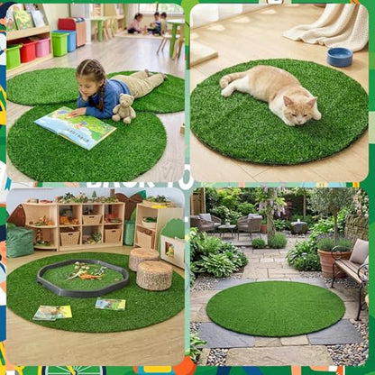 2 Pack Artificial Grass Mats for Class Back to School Round Classroom Rug | 39 Inch Floor Cushions, First Day of School Educational Mat, Non Slip Back to School Learning Playing Areas