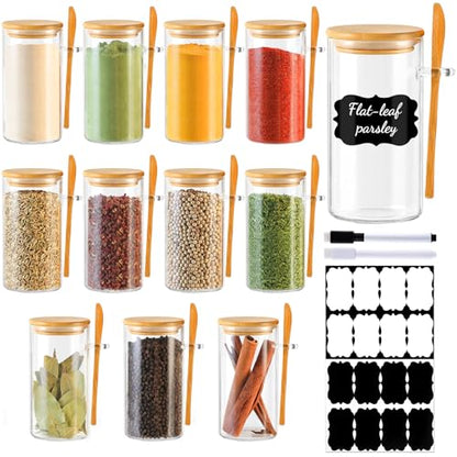 12 Pack 10 oz Round Glass Spice Jars with Lids and Spoons – Airtight Small Spice Containers Set with Labels, Clear Glass Storage Jars for Seasoning, Spices, Kitchen Pantry Organization - color: Round/10oz/12pcs/Spoon