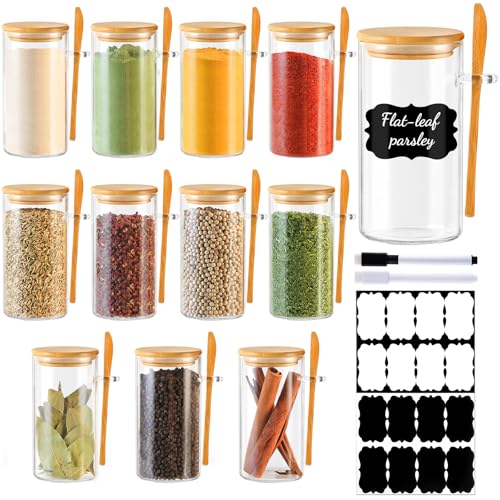 12 Pack 10 oz Round Glass Spice Jars with Lids and Spoons – Airtight Small Spice Containers Set with Labels, Clear Glass Storage Jars for Seasoning, Spices, Kitchen Pantry Organization - color: Round/10oz/12pcs/Spoon