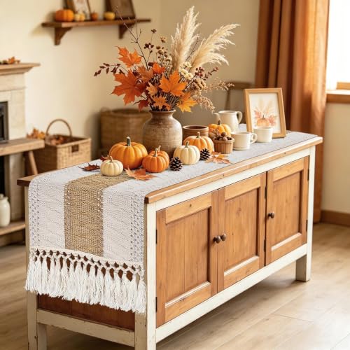 Boho Table Runner 72 inches for Dining Table , Fall Buffet Cabinet Table Runner, Long Burlap Dresser Runners for Bedroom, Kitchen, TV Stand, Farmhouse Home Decor - color: Cream Brown, size: 72 inches