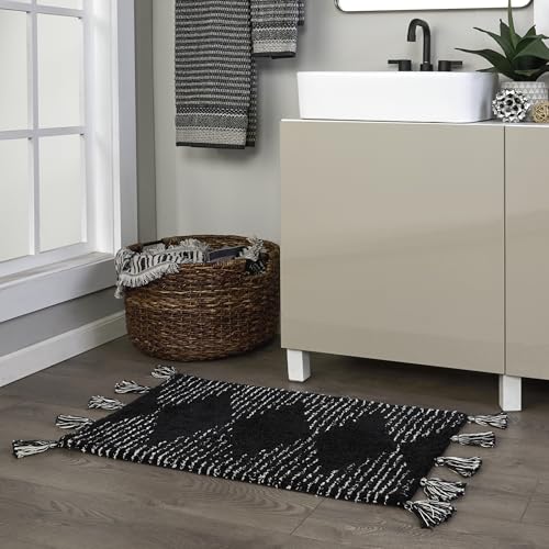 SKL Home Geo Diamond Bath Rug with Tassels, Anti-Slip, 20" x 30", Black | 100% Cotton with Latex backing. Plush & absorbent. Modern boho design works in the bathroom, kitchen or any space. - color: Geo Diamond, Black, style: Rug