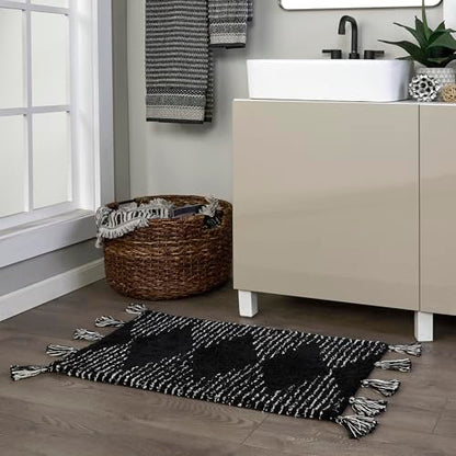 SKL Home Geo Diamond Bath Rug with Tassels, Anti-Slip, 20" x 30", Black | 100% Cotton with Latex backing. Plush & absorbent. Modern boho design works in the bathroom, kitchen or any space. - color: Geo Diamond, Black, style: Rug