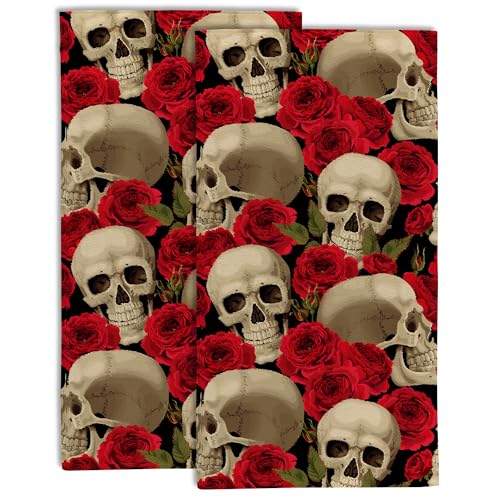 Skulls and Rose Flowers Bathroom Hand Towel Set of 2,Human Skull Floral Kitchen Towel,Soft Absorbent Decorative Guest Fingertip Towel for Hotel Gym Yoga Home Decor - color: Color7