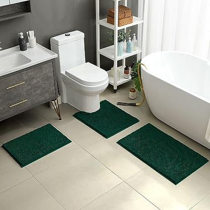 HOMEIDEAS 3 Pieces Bathroom Rugs, Ultra Soft Non Slip Absorbent Chenille Toilet Bath Mat Set (Dark Green) - color: Green-dark Green, size: 17"x24"+20"x32"+U Shape 20"x24"