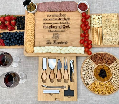 Personalized Bamboo Cheese Board Gift Set – Custom Charcuterie Serving Board – Housewarming, Bridal Shower, Wedding & Thanksgiving Present - color: Design #28