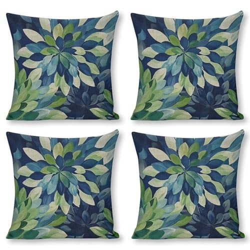 Light Blue Dahlias Flowers Throw Pillow Covers Linen Pillow Cases 18x18 Inch Square Cushion Pillowscover Modern Farmhouse Decor Set of 4 for Sofa Bedroom Living Room Car - color: Light Blue Dahlias Flowers, size: 18" x 18" (Pack of 4)