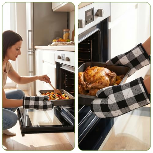 10 Pcs Buffalo Check Dish Towels Pot Holders Oven Mitts Set, Polyester Cotton Plaid Kitchen Napkins & Non-Slip Heat Resistant Oven Gloves & Placemats for Cooking Baking Grilling Farmhouse Decor (Black
