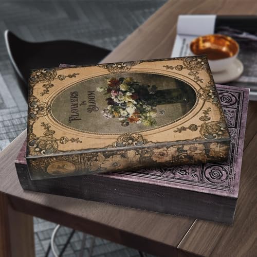Book Shaped Box Decorative | for Home Decor,Remote Control Holder Vintage Pattern M Size Box - color: Bouquet of flowers