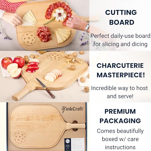 Pickleball Charcuterie & Cutting Board, Pickleball Gift, Party Size - 22.5 x 5.5 x 0.75”, Birch Wood, Paddle Shape with Handle, Mineral Oil Finish - size: 22.5"L x 12.8"W