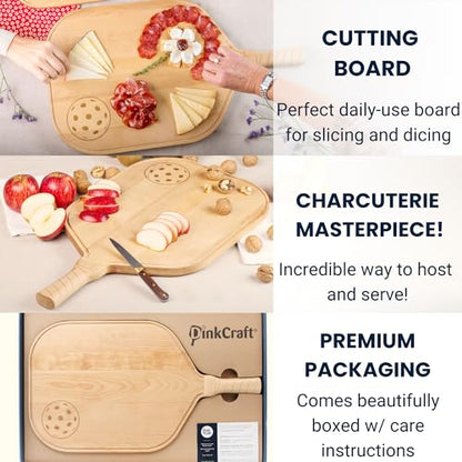Pickleball Charcuterie & Cutting Board, Pickleball Gift, Party Size - 22.5 x 5.5 x 0.75”, Birch Wood, Paddle Shape with Handle, Mineral Oil Finish - size: 22.5"L x 12.8"W