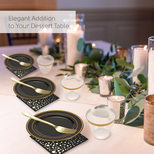 Black and Gold Dessert Plates Set, 100 Plates, Cups, Forks and Napkins | Sturdy plastic, cake service, appetizer tables, salad course, weddings, graduations, easy cleanup - color: Black, style: Plates,Forks,Napkins and Cups