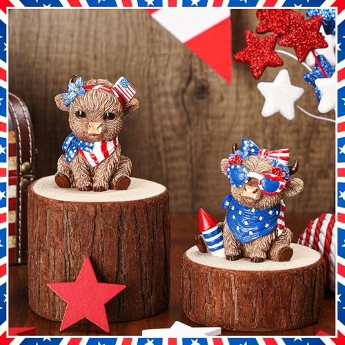 Wesiti 2 Pcs 4th of July Highland Cow Figurines Decor | Patriotic Gnomes Scottish Resin Statue, Calf Lovers Gifts, for 250th Anniversary, Home Garden Kitchen Office Table - style: Independence Day