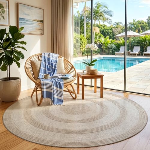 LUMI 6' Round Natural Jute Area Rug, Braided Farmhouse Rug | Non Slip No Shedding Neutral Carpet, Indoor Outdoor Rug for Living Room, Dining Room & Patio - color: Earth Ember, size: 6'x6'