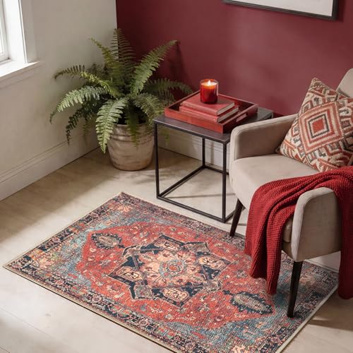 Keen Home Design 2x3 Rug - Machine Washable Entry Rug with Non-Slip Backing, Ideal for Enteryway, Kitchen, Bathroom, Laundry Room - Vintage, Easy Clean, Durable, Low Pile Rug - (2' x 3') - color: Navy Blue/Red, size: 2' x 3' (Rectangular)