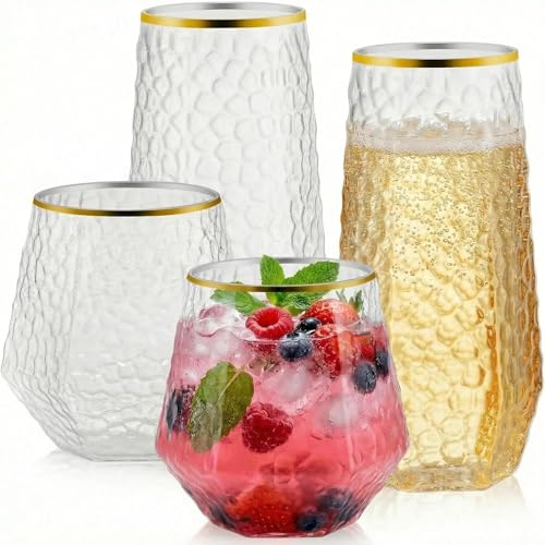 48 Pack Plastic Wine Glasses – 24 x 9oz Stemless Champagne Flutes & 24 x 12oz Disposable Wine Glasses – Plastic Cups with Gold Rim – BPA-Free Drinkware for Weddings, Parties (Gold Rim Hammered) - color: Gold Rim Spiral