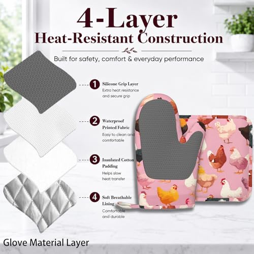 Rooster and Hen Oven Mitts and Pot Holders Sets Cute Chicken Non-Slip Silicone Surface for BBQ Gloves,Kitchen,Cooking,Baking,Grilling - color: Rooster and Hen