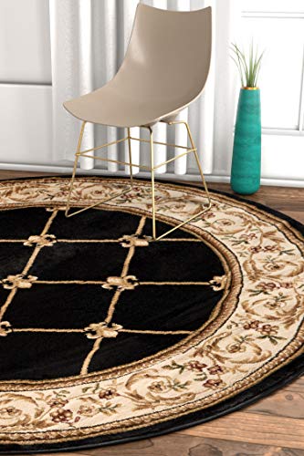 Well Woven Timeless Collection Fleur De Lis Black 5' Foot Round Luxurious Traditional French Aubusson Oriental Area Rug Perfect for Living Room Bedroom or Dining Room Easy-to-Clean Durable Design - color: Black, size: 5'3" (Round)