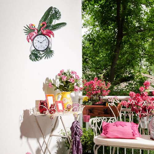 Outdoor Clock and Thermometer Combo | Silent Non-Ticking, Flamingo Outdoor Wall Clock, Metal Wall Art Decor for Patio, Garden, Home Decor - style: Flamingo with Leaves
