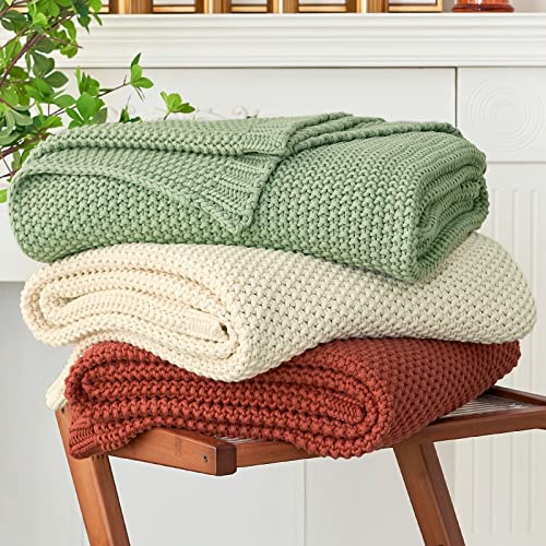 Chunky Cable Knit Throw Blanket Lightweight Light Green 100% Organic Cotton Blanket for Sofa Couch Bed Baby Nursery, Rustic Shabby Chic Modern Farmhouse, 51” x 63” Bonus Laundering Bag - color: Light Green, size: 51"x63", Standard