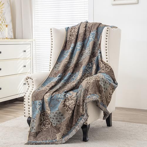 Loom and Mill Blue Patchwork Throw Blanket for Couch Sofa Bed, 52x72 Inches | Classic Thick Chenille Jacquard Bed Throws Soft and Cozy Velvet Fall Blankets with Fringes Trim for Couch Recliner Chair - color: Blue