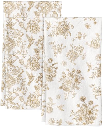 Flour Sack Kitchen Towels Set of 2, 18x26 Inch, Beige Bird | 150GSM Cotton, Lint-Free, Quick Dry, Hanging Loop, Lightweight Tea Towels, French Home Decor, Chinoiserie, Housewarming Gift - color: Beige Floral Bird