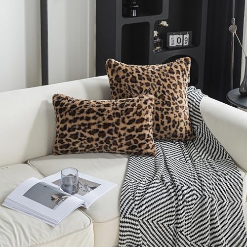 Leopard Print Faux Fur Throw Pillow Covers, 12x20 Inch, Set of 2, Soft Plush Animal Print Decorative Lumbar Cushion Cases for Sofa Bed Chair | Safari-Inspired Decor in Warm Terracotta Brown - size: 20" x 12" (Pack of 2)