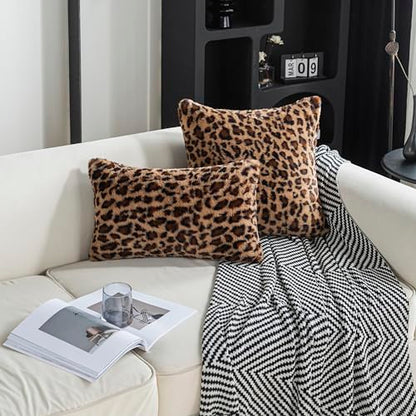 Leopard Print Faux Fur Throw Pillow Covers, 12x20 Inch, Set of 2, Soft Plush Animal Print Decorative Lumbar Cushion Cases for Sofa Bed Chair | Safari-Inspired Decor in Warm Terracotta Brown - size: 20" x 12" (Pack of 2)