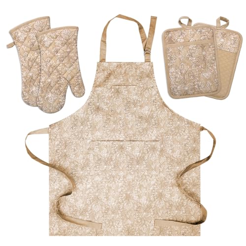 Oven Mitts and Pot Holders with Cooking Apron Set of 5, Heat Resistant Kitchen Gloves and Silicone Non-Slip Potholders, Adjustable Neck Buckle Chef Apron, Cotton Nice Design for Cooking (Tawny) - color: Tawny