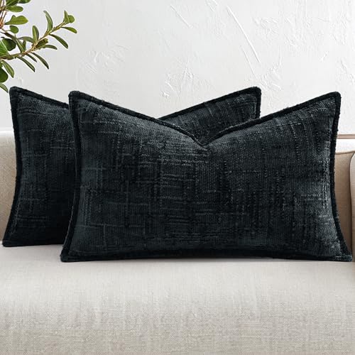 decorUhome Chenille Decorative Throw Pillow Covers 12x20 Set of 2, Black | Soft Texture, Slubby Modern Design, Flange Edges, Cozy Lumbar Accent Pillow Covers for Couch, Sofa, Bed, Living Room - color: Black, size: 20" x 12" (Pack of 2)
