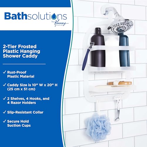 Kenney KN614000 Over the Shower Head 20" L x 10" W x 5" D Rust-Proof Plastic Small 2-Shelf Hanging Caddy with Suction Cups and Razor Holders for Bathroom Shower, Frosted