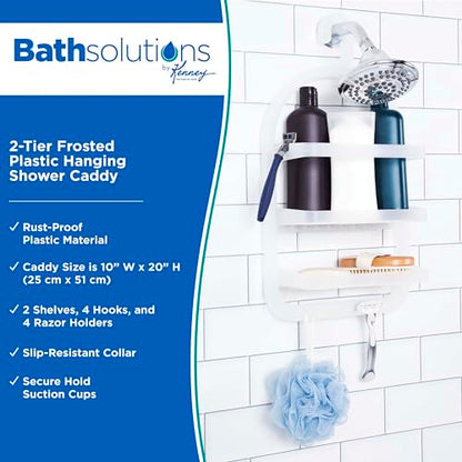 Kenney KN614000 Over the Shower Head 20" L x 10" W x 5" D Rust-Proof Plastic Small 2-Shelf Hanging Caddy with Suction Cups and Razor Holders for Bathroom Shower, Frosted