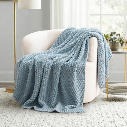 EVERGRACEHOME Chunky Chenille Knit Throw Blanket, 50 x 60, Chambray Blue | Sculpted Moss Stitch, Chic Modern Farmhouse, All-Season Warmth, OEKO-TEX® Certified, Elegant Blanket for Couch, Bed, Sofa - color: Chambray Blue, size: 50" X 60"