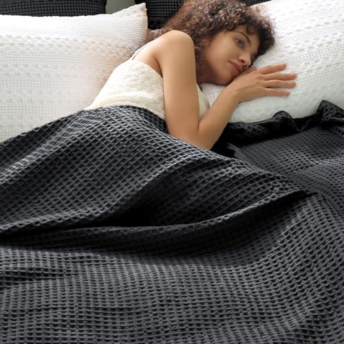 PHF Ultra Soft Waffle Weave Blanket King Size, Lightweight Breathable Cooling Skin-Friendly Throw for Spring Summer for Hot Sleepers，Aesthetic Home Decor for Bed Couch, Giftable, Black, 104"* 90" - color: Black, size: King(104" x 90")