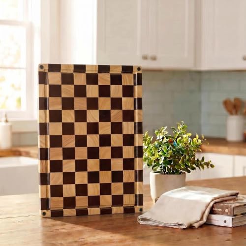 Checkered End Grain Cutting Board with Juice Groove & Handle | 17" x 12" x 1.2" Thick | Acacia & Rubber Wood | Reversible End Grain | Juice Groove | Meat, Bread & Vegetable Prep - color: Checkered Grooved Rectangular