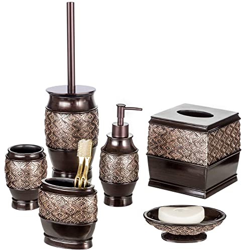 Creative Scents Dublin Brown 6 Piece Resin Bathroom Accessories Set | Includes Toilet Brush and Holder, Tissue Box Cover, Soap Dispenser, Toothbrush Holder, Tumbler Cup & Soap Dish - style: 6 Piece Set