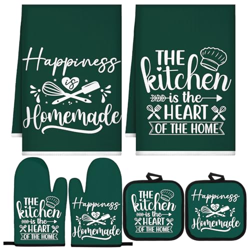Sratte 6 Pcs Kitchen Decor Accessories Set, Kitchen, Dark Green | Farmhouse Kitchen Towels Pot Holders Oven Mitts Set 2 Dish Towels 2 Potholders 2 Cooking Mittens for Baking Cooking Supply - color: Dark Green, style: Kitchen