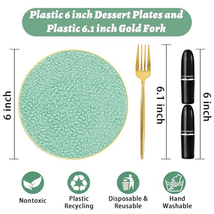 Rubtlamp 200Pcs Green Plastic Dessert Plates,6inch Small Appetizer Plates with Gold Rim, Fancy Hammered Cake Plate with 100PCS Gold Disposable Forks, Hard Salad Plate for Teatime Party - color: Green with gold