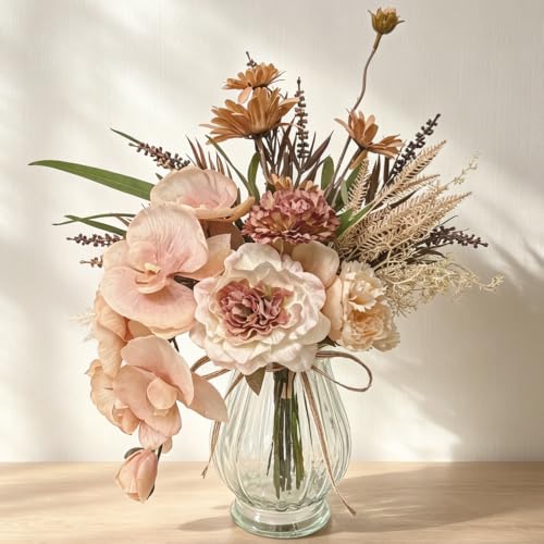 Fake Flowers with Vase, Artificial Phalaenopsis Orchid Silk Flowers in Vase Faux Flower Cascading Orchid Arrangement Suitable for Home Office Decoration, Table Centerpiece (Light Coffee) - color: Light Coffee