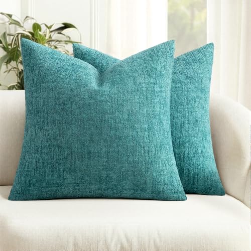 MIULEE Couch Pillow Covers Textured Chenille Home Decor 18x18 Teal Blue | Set of 2 Soft Luxurious Decorative Throw Pillow Covers Cozy Pillowcases Living Room Cushion Sofa Bed - color: Teal Blue, size: 18" x 18" (Pack of 2)