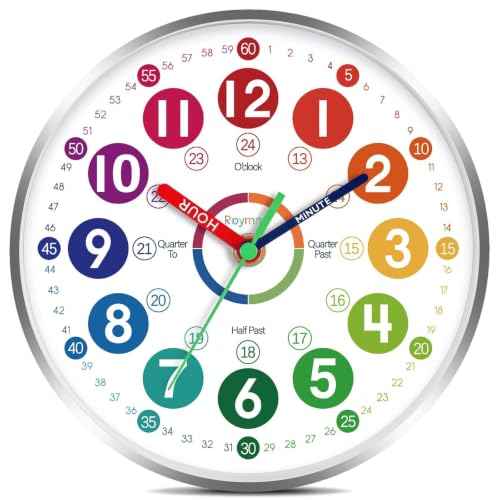 Roymnie 14" Wall Clock for Kids Learning Silent Battery Operated Teaching | Learning to Tell Time Easily Non Ticking Analog Colorful Teaching Time Clock Decorative for Kids Room Classroom School Modern - color: B_multicoloured, size: 10 Inch