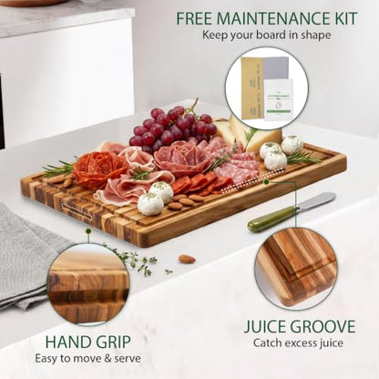 Teak Wood Cutting Board with Hand Grip (20x15x1.25", M) | Wooden cutting boards for kitchen, wood chopping board, butcher block, charcuterie board for serving. Gift box included - size: 22"L x 16"W