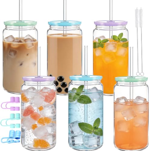 Mason Jar Cups with Lids and Straws, 16 oz Reusable Plastic Tumblers for Whisky, Soda, Tea, Juice, Beer, Coffee, Milk Tea, Gifts, 6 Pack (Clear Blue, Purple, Green) - color: Clear Blue, Purple, Green