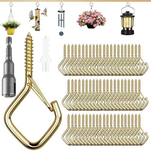 62 PCS Metal Gold Eye Screw Hooks for Hanging Heavy Duty.Windproof Ceiling Hooks for Hanging Plants,Cup,Wind Chime,Bird Feeders,Christmas String Lights at Indoor&Outdoor 2.2 Inch - color: Gold, size: 62Pcs