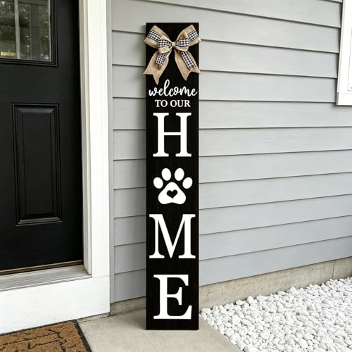 Foutcheou Welcome to Our Home Front Door Sign, 47"X8" Wood Rustic Outdoor Front Porch Standing Paw Print Decor Outside All Season Farmhouse for Vertical Yard Patio Entranc Hanging (Black - color: Welcome to Our Home(Black), size: 47"L x 8"W