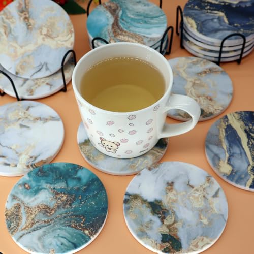 White Marble Ceramic Coasters with Holder Absorbent Drink Coaster Set Outdoor Round Abstract Cute Table Decorative Coffee Cup Beverage Fun Wine Beer Bar Gold Housewarming 6 Pack - style: White Gold