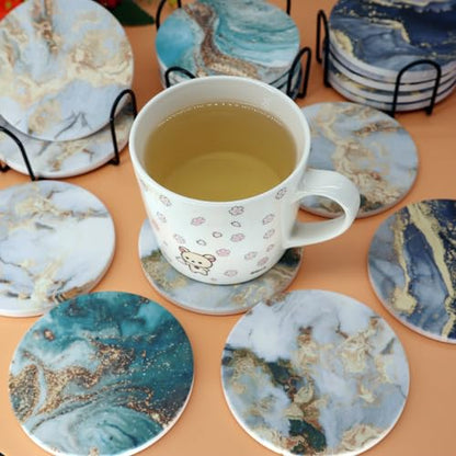 White Marble Ceramic Coasters with Holder Absorbent Drink Coaster Set Outdoor Round Abstract Cute Table Decorative Coffee Cup Beverage Fun Wine Beer Bar Gold Housewarming 6 Pack - style: White Gold